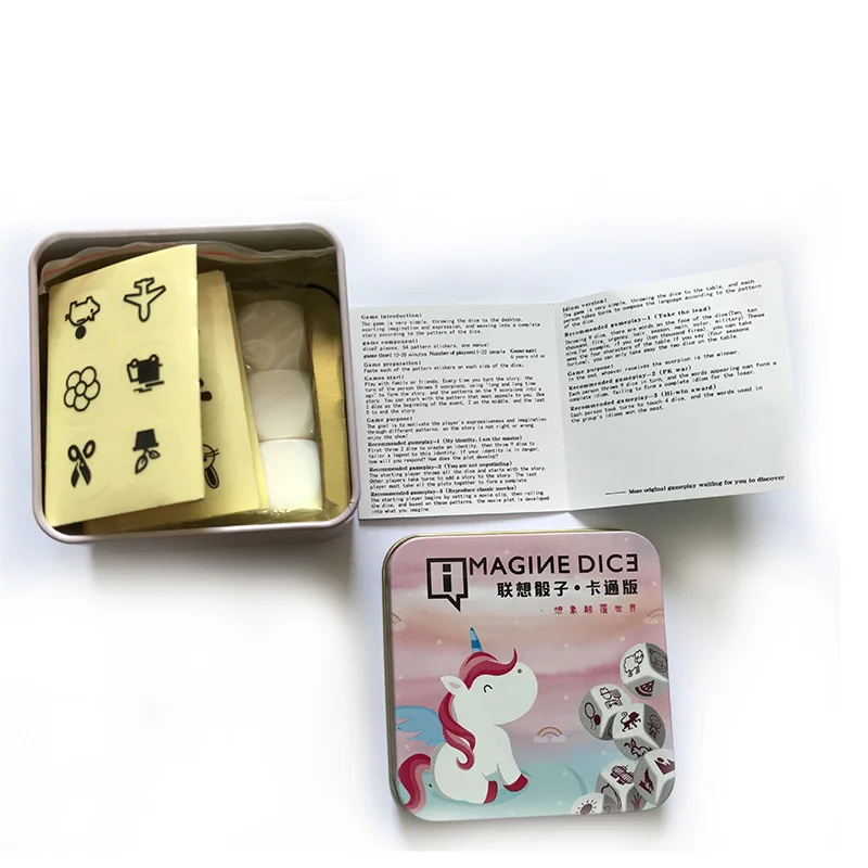 4 Kinds Story Dice Board Game Telling Story Family Puzzle Game Imagine DIY Dice Gift For Children Metal Box 4 Kinds Story Dice Board Game Telling Story Family Puzzle Game Imagine DIY Dice Gift For Children Metal Box