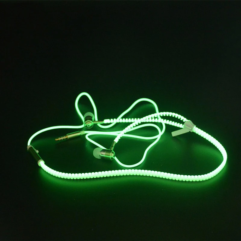 

Jeebel Zipper Earphones Never Tangle 3.5mm Metal Light In-Ear Glow IN The Dark Headphones Run Sport Light Fluorescent Earphone