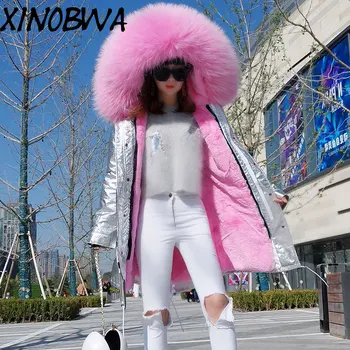 

Europe New Women Winter Detachable Faux Fur Liner And Natural Raccoon Fur Collar Silver Long Jacket Parkas Female Plus Size Coat