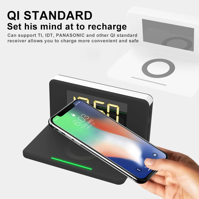 

Home Wireless Charger 10W Fast 3 In 1 Multi-function Alarm Clock/ Night Light Phone Holder Smartphone Charging Dock Telefono