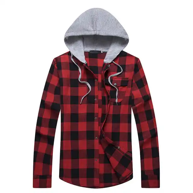 2018 Shirt Men Plaid Hooded Red Black Men Shirt Long Sleeve Slim Fit ...