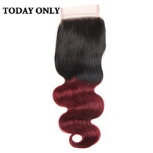 Today Only Non-remy Ombre Burgundy Brazilian Body Wave Human Hair Lace Closure 8″ to 20″ Two Tone 1b/99j 4×4 Swiss Lace Closure