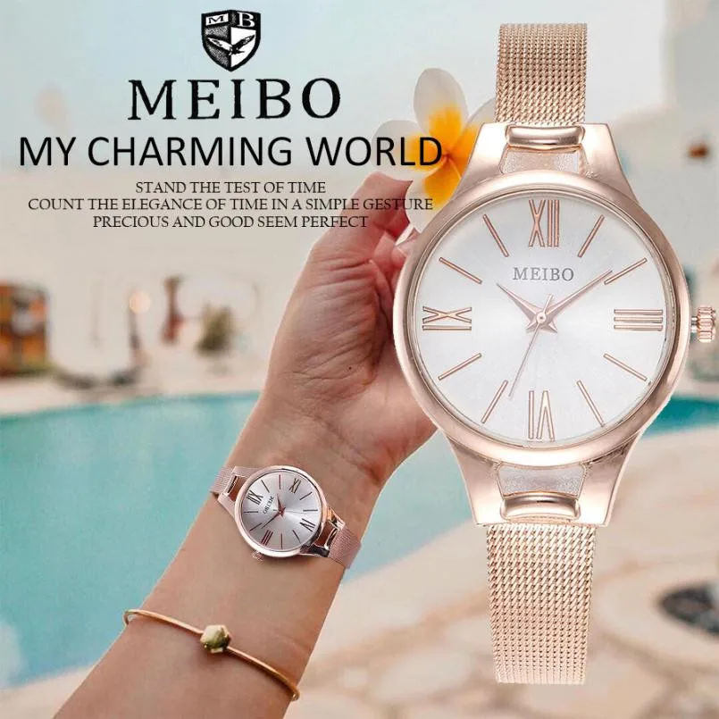 

Newv Strap Watch Analog Wrist Watch MEIBO Women's Casual Quartz Stainless Steel Geneva Roman Numerals Clock