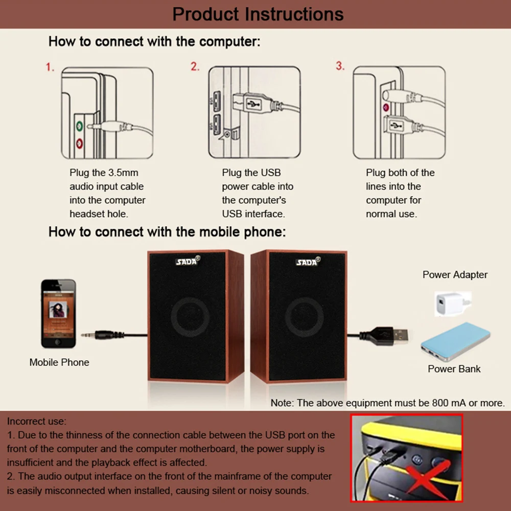 SADA компьютерные колонки USB проводной комбинированный саундбокс супер бас мини деревянный ПК динамик для ноутбука Смартфон MP3 3,5 мм AUX IN