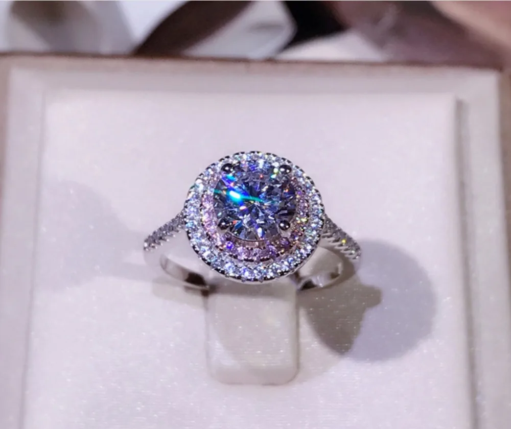 

Top Quality Real 925 Sterling Silver Wedding Ring For Women Round White & Pink Cubic Zirconia Engagement Ring Bridal Accessories