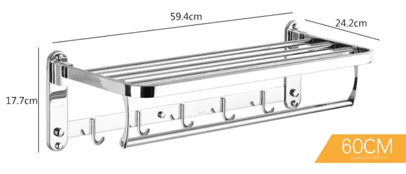 Ванная комната Полотенца вешалка для полотенец с крючками 40/50/60 см Полотенца вешалка 304 Нержавеющая сталь складной фиксированной банное полотенце Полотенца держатель сушитель для полотенец - Цвет: 60CM Chrome
