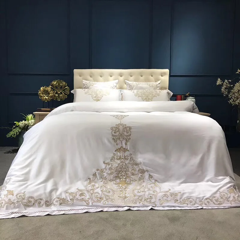 Gold silver white luxury silk Bedding Set queen king size ...