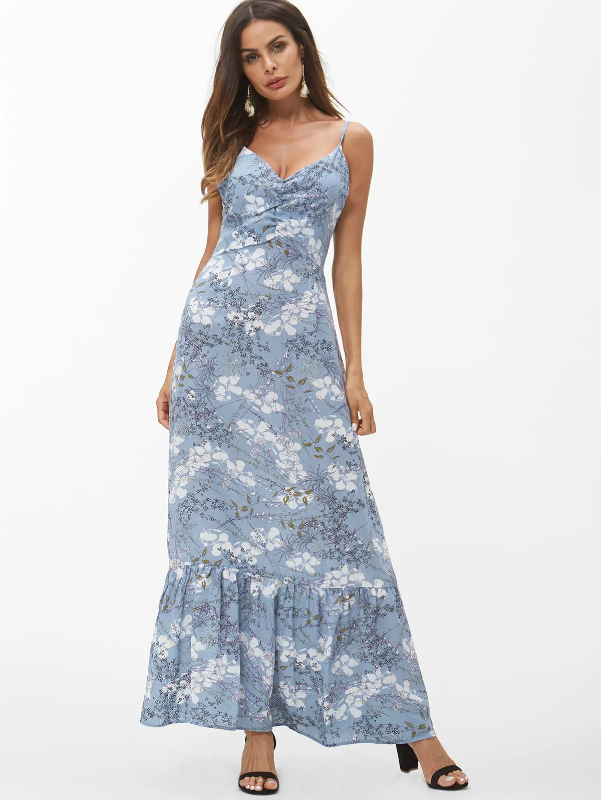 Wipalo Spaghetti Strap Printed Ruffle Long Dress Women Deep V Neck