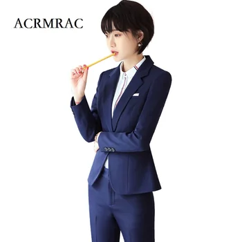 

ACRMRAC Women's suits New style Long sleeve Solid color Slim Pocket stitching jacket Length Pants Business OL Formal Pants Suits