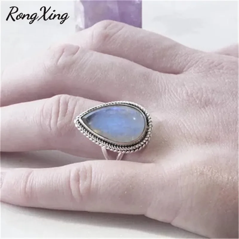 Женское кольцо с лунным камнем RongXing винтажное серебряное радужным на день