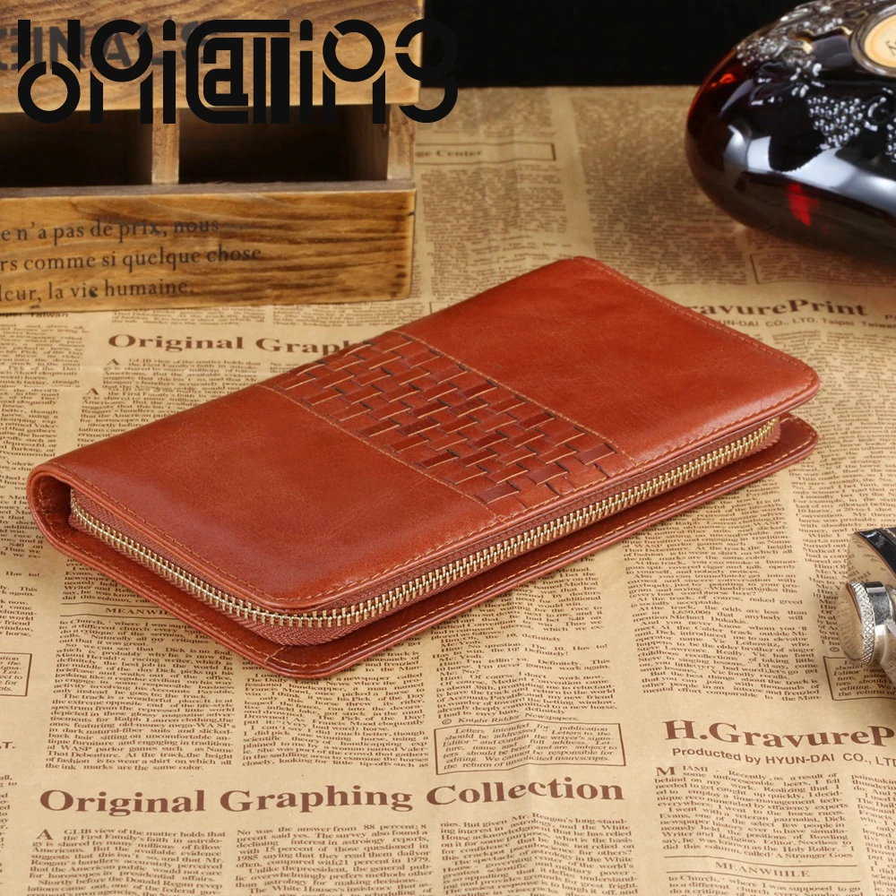 

UniCalling New style Unisex cow leather long wallet Weave 8 Card Holder Zipper Genuine Leather men wallets Retro mini wallet