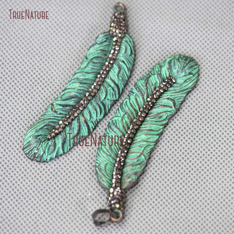 20180309-PM10651- Verdigris Patina Pave Mineral Black Rhinestone Feather Pendant Copper Pendant
