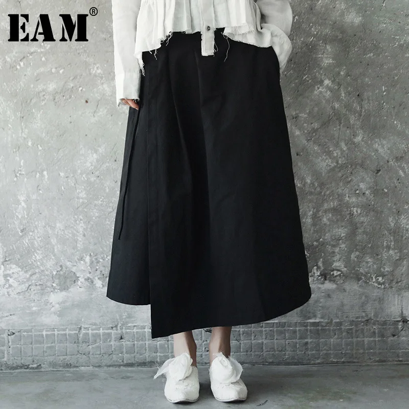 

[EAM] 2019 New Spring Solid Color High Waist Black Side Bandage Loose Half-body Skirt Women Fashion All-match JE81101