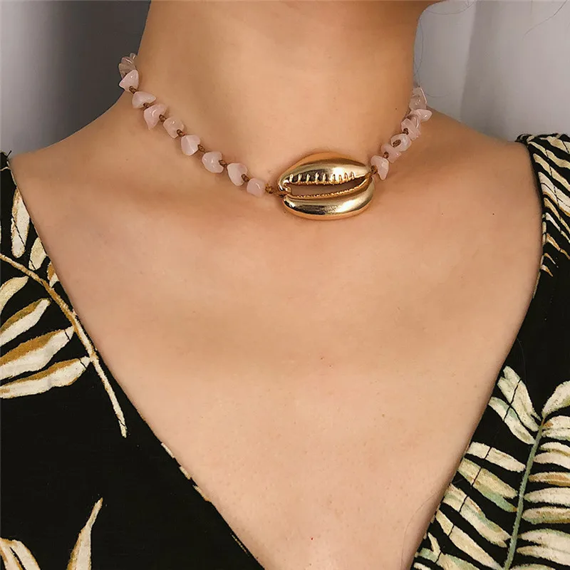 

Women Necklace Conch Shell Pendant Choker Bohemia Summer Charm Natural Stone Cowrie Seashell Long Chain Necklace Boho Jewelry