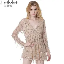 Lztlylzt Sexy Sequin Tassel Summer Dresses Women Beach Party Short Dress V neck long sleeve Vintage Elegant A-line Dress