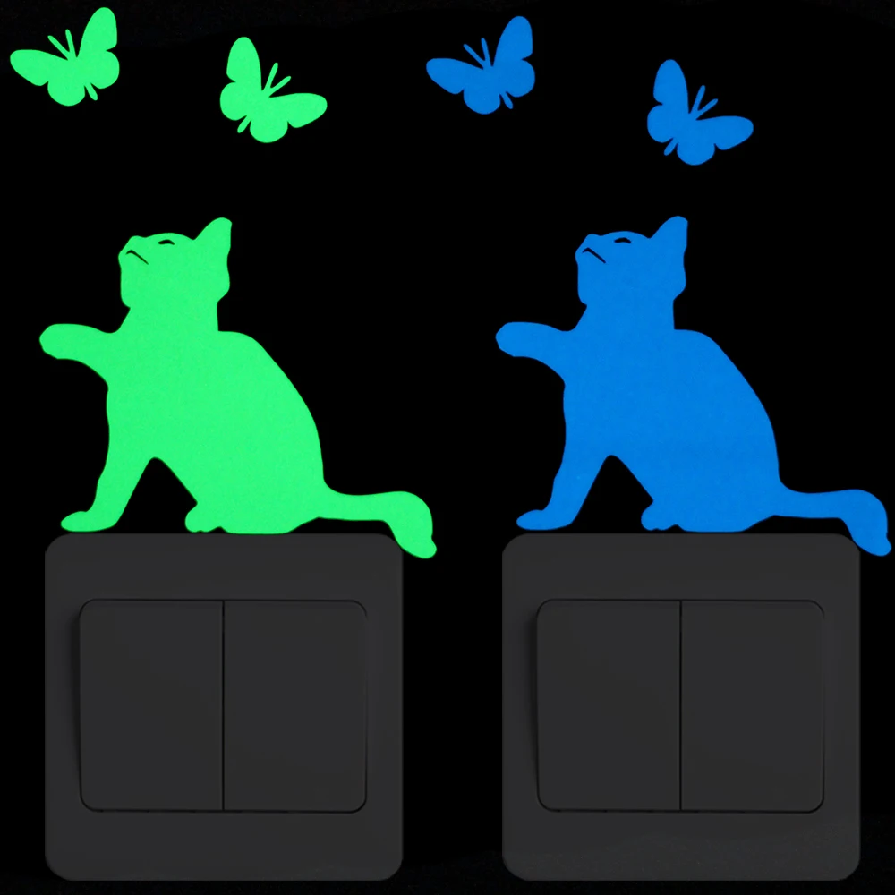 Cat Catch Butterfly Luminous Switch Sticker Child Boy Girl Bedroom DIY Personalized Decoration Wall Sticker Cartoon Animal Decal