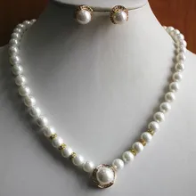 Чудесные женщины 8 мм белый жемчуг ожерелье 14 мм серьги и кулон драгоценный камень свадебные широкие ювелирные изделия