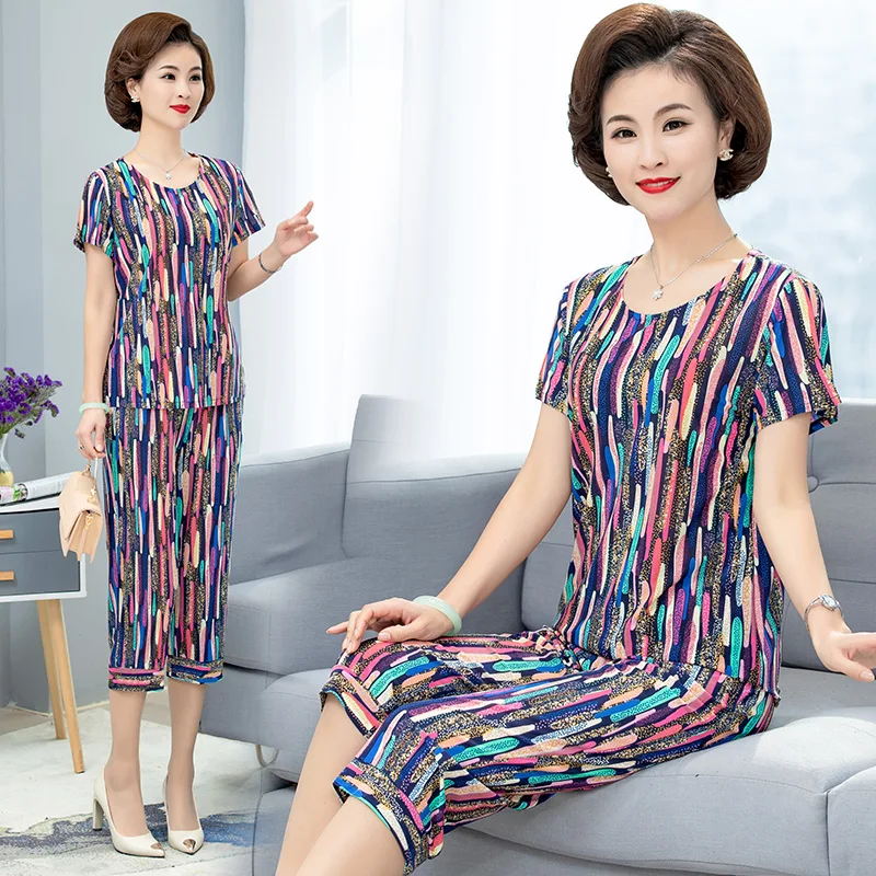 

Summer Middle-aged Sporting Two piece set 2019 New Women's Printed T-shirt & Pants Sets Female Large size Loose Tracksuit Sets