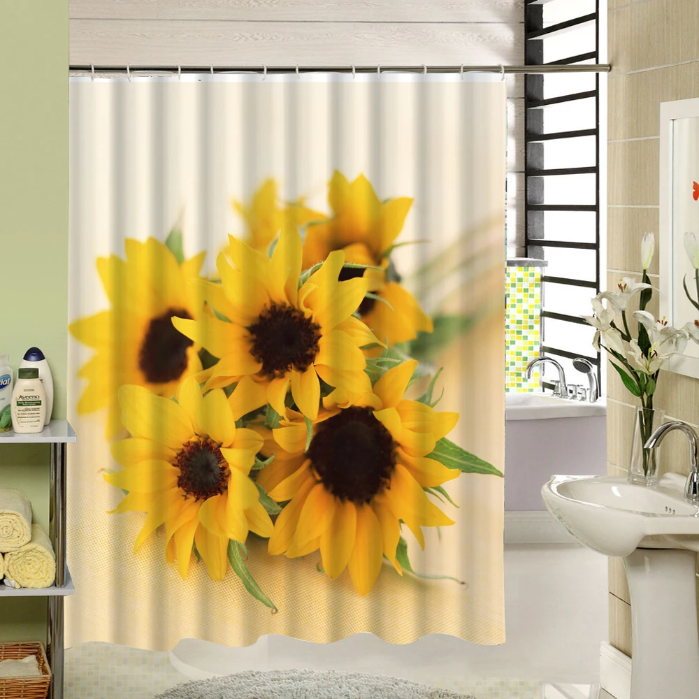 Sunflower Shower Curtain Promotion-Shop For Promotional Sunflower 3d Polyester Waterproof Sunflower Shower Curtain Yellow Scenic Print Floral Fabric Washable Window Curtain Washable Bath Product - Sunflower Shower Curtain Promotion-Shop For Promotional Sunflower