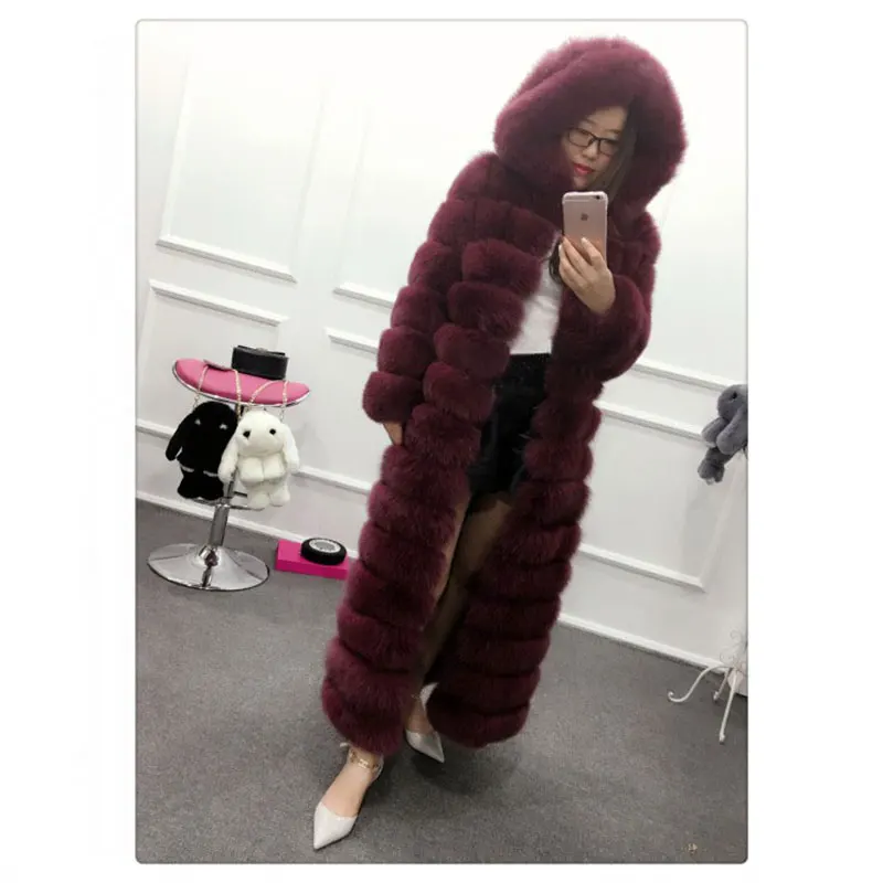 Модное роскошное Женское зимнее пальто с натуральным лисьим мехом, Толстая куртка размера плюс 6XL, длинное пальто из натуральной кожи с натуральным мехом - Цвет: Red wine