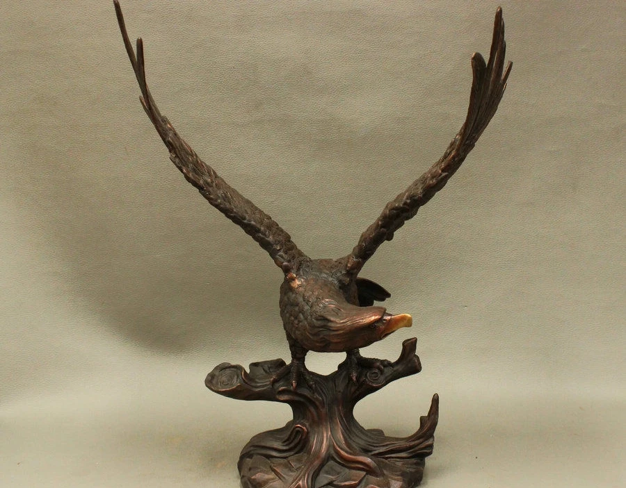 

15" China Chinese FengShui Pure Bronze Fly Eagle Stand Tree Branch Animal Statue