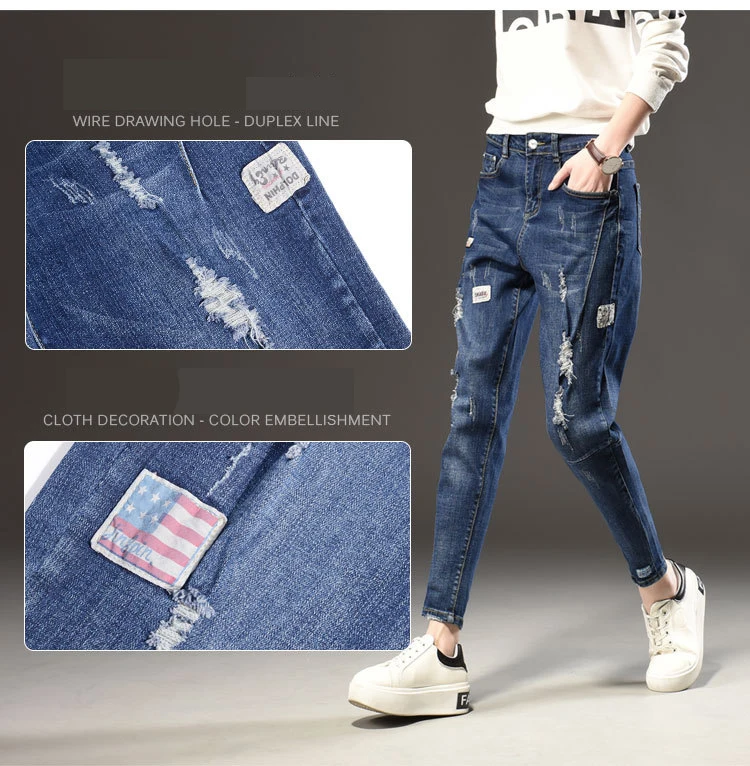 Женские разорванный Гарем Штаны, джинсы для девочек, модные синие джинсы для женщин, свободные джинсовые штаны с дырками, штаны до щиколотки для подростков