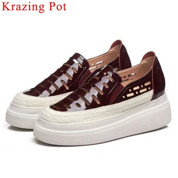

Krazing Pot British style handmade high quality flat platform slip on loafers round toe solid high bottom vulcanized shoes L68