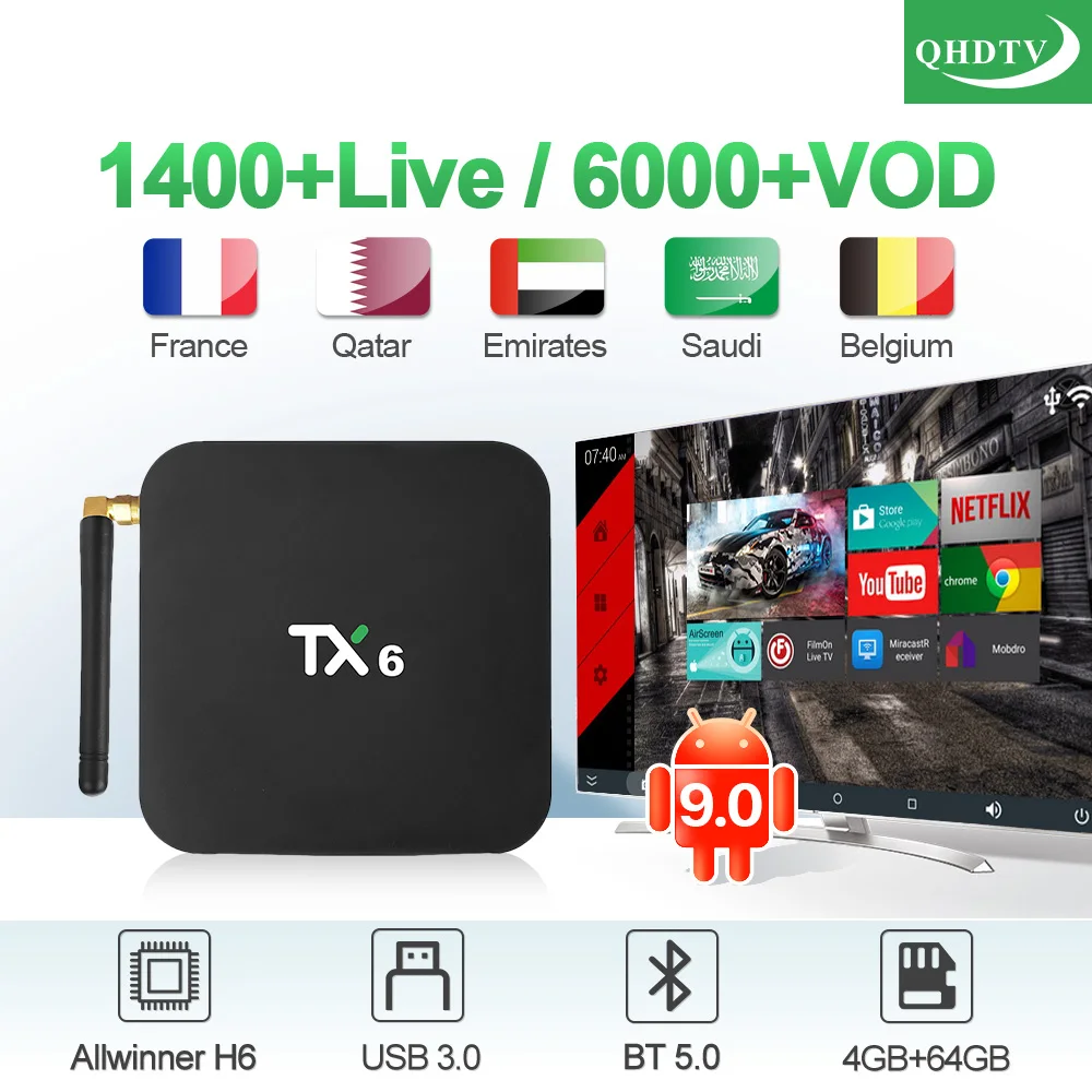 

TX6 QHDTV IPTV France Subscription Box Android 9.0 4G 64G BT5.0 2.4G/5G Wifi with IPTV Netherlands French Belgium Arabic IP TV
