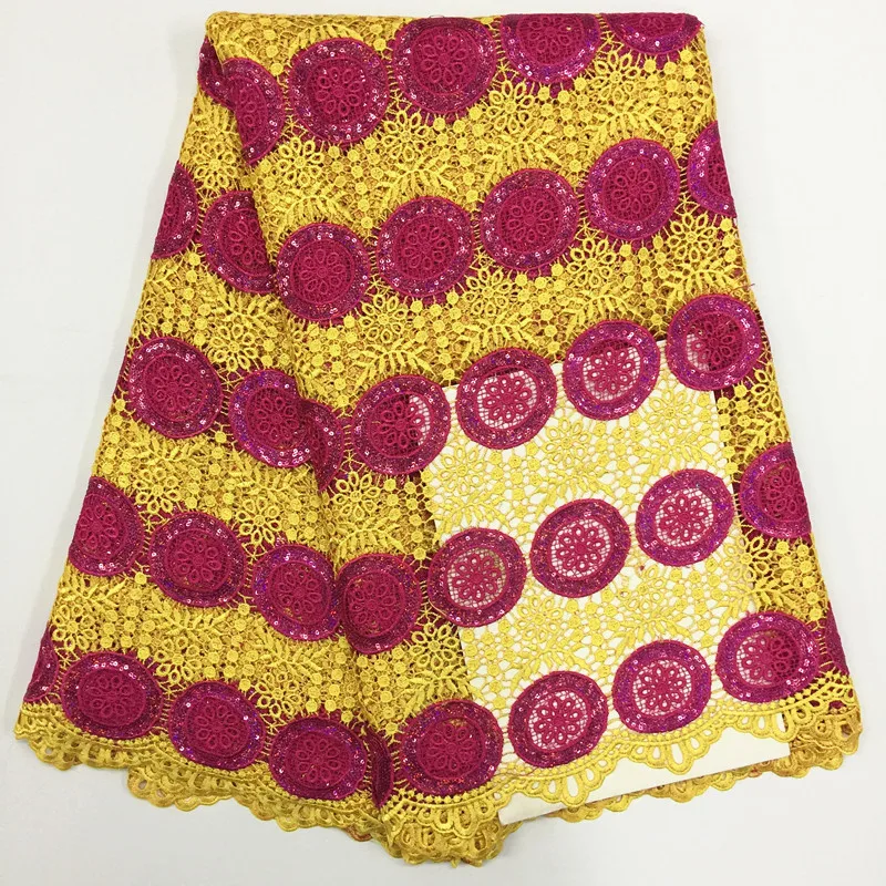 

5 Y/pc Most popular yellow african water soluble lace with fuchsia sequins flower french cord lace fabric for dress BW110-1