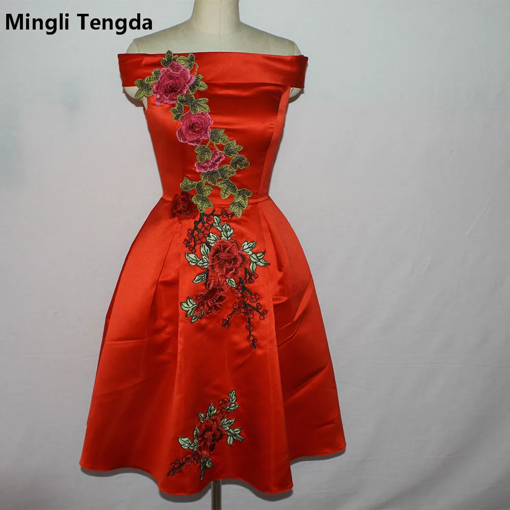 

Mingli Tengda Red Bridesmaid Dresses Short Boat Neck Bridesmaid Dress Back Lace Up Fast Delivery Flower Party Dresses Embroidery