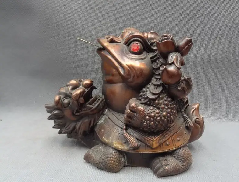 

S06986 11" Chinese Bronze FengShui Gourd Coin Hoptoad Toad Ride Dragon Turtle Statue
