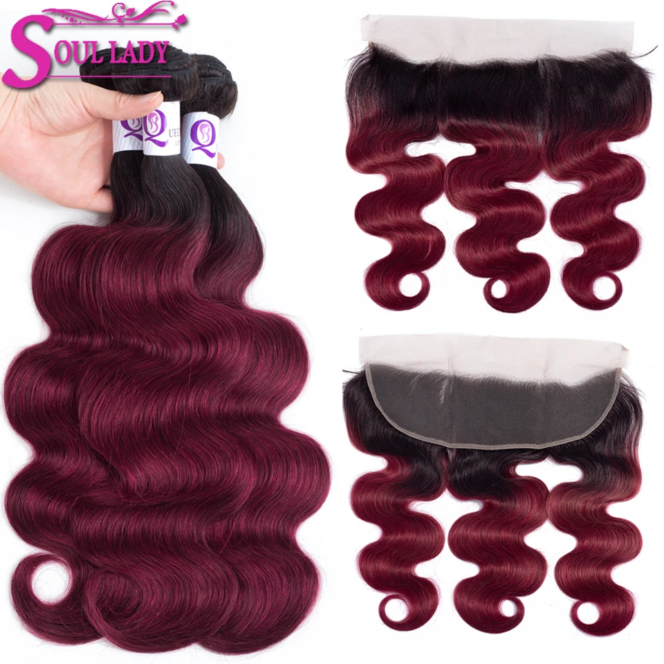 

Soul Lady 1b/Burgundy Ombre Bundles With Frontal Two Tone Color Non Remy Peruvian Ombre Body Wave 3 Bundles With Frontal Closure
