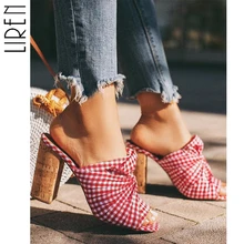 Liren Red Plaid High Heels Sandals Slippers Summer Block Heeled Flip Flop Slip on Fashion Sexy Slippers Pumps Red Shoes Pumps criss cross block heeled pumps