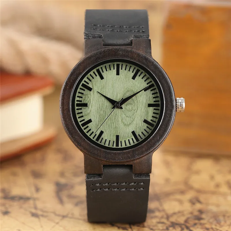 

Trendy Cool Ladies Quartz Wristwatch Hand-made Sandalwood Design Case 3 Color Style Dial Genuine Leather Band Natural Watch Gift