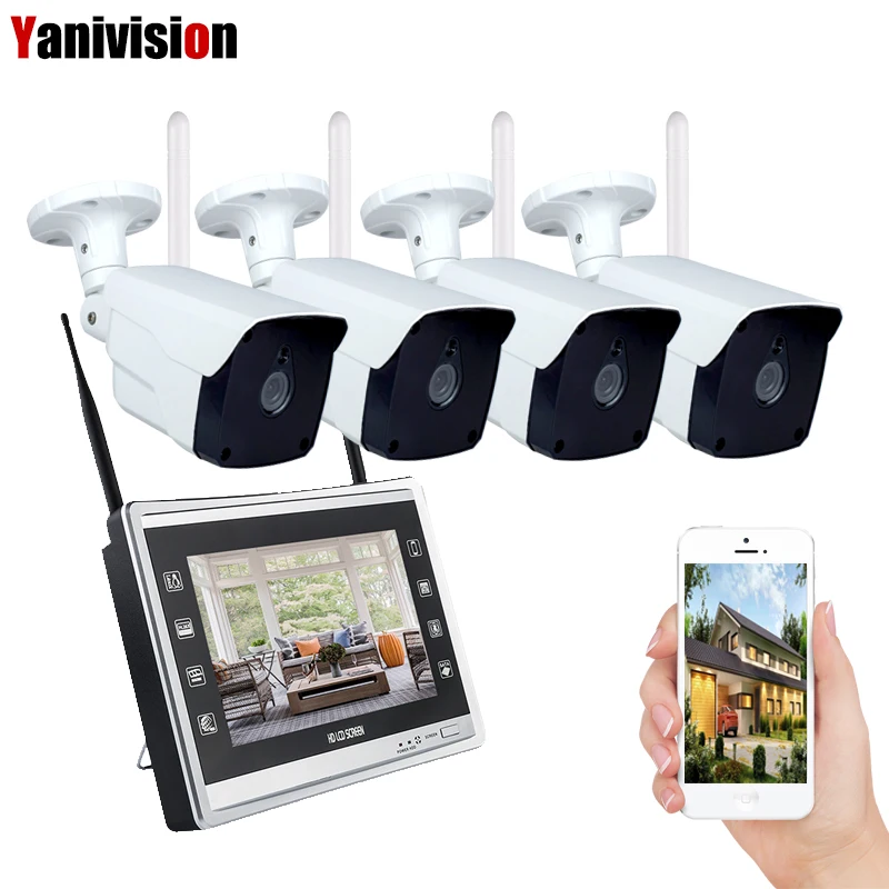 4CH 1080 P Беспроводной комплект 12 дюймов ЖК-дисплей Дисплей WI-FI NVR видеонаблюдения