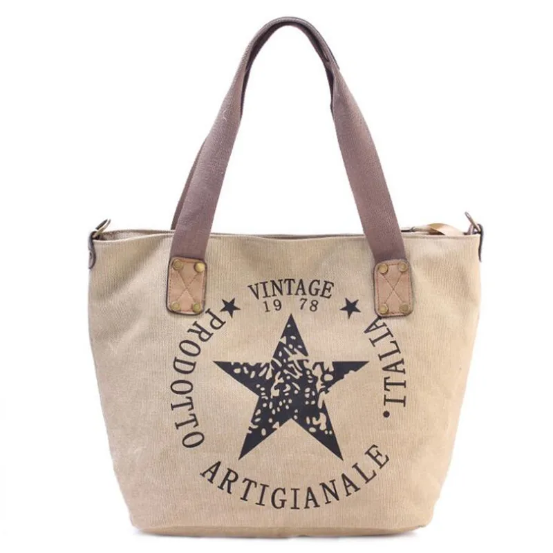 2022 BIG STAR PRINTING VINTAGE CANVAS SHOULDER BAGS Women Travel Tote Factory Outlet Plus Size Multifunctional Bolsos