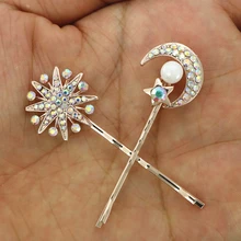 Цена за одну пару, стразы, луна, звезда, заколка для волос, жемчужное украшение для волос, три цвета, длина 5,5 см