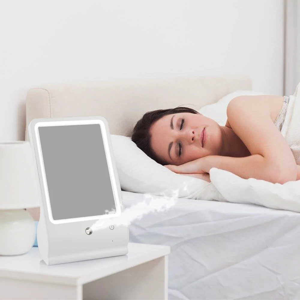 

Portable LED Light Makeup Mirror With Illuminated Pocket Mirror With Humidifizer Atomizer Inhaler For Face Moisturizing
