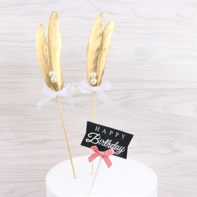 

1Pc Gold Feather Birthday Cupcake Toppers Decoration Baby Shower for Boy Girl Wedding Party Cake Topper Flag Decoration