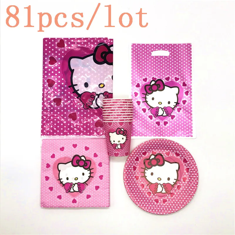 

Disposable Tableware 81Pcs /Lot Hello Kitty Theme Design Paper Plates +Cups+Napkins+Gift Bags+Tablecloth Birthday Party Supplies