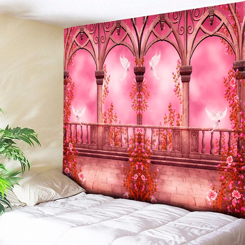 

Pink Flowers Wall Handing Tapestry Psychedelic Palace Abstract Painting Decorative Tapestries Boho Beach Throw Towel Bed Sheets