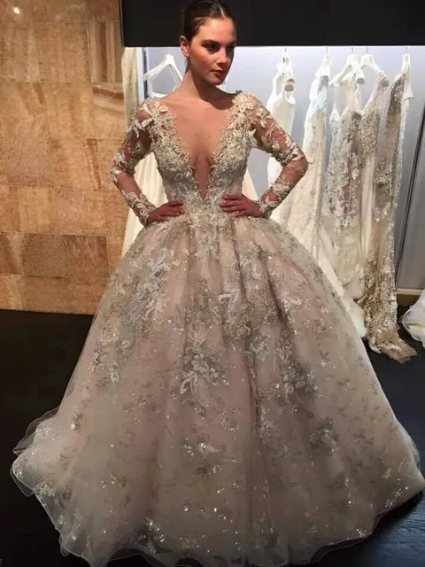 Fantastic Sexy Scollo A V Bianco Abito di Sfera Abiti Da Sposa Argento  Merletto Appliques Maniche Lunghe Formal Gown Sposa W2016101203|white ball  gown|bride gownsgown wedding - AliExpress