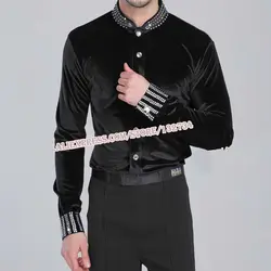 Заказ Для мужчин бальных танцев рубашка черный эластичный, Латиноамериканский Топ бархатные со стразами для