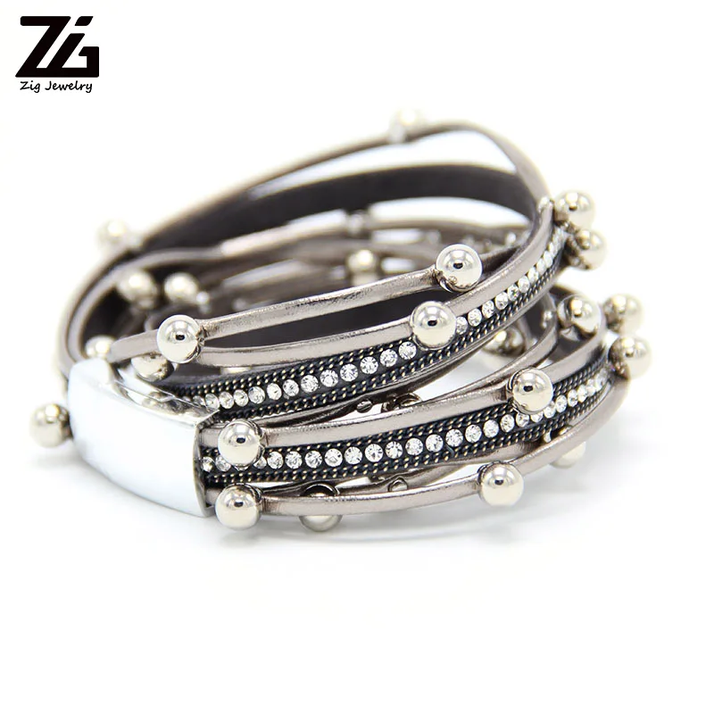 ZG Multilayer Leather Bracelets for Women Femme Crystal Metal Beads Charm Bohemian Style Bracelet Female Jewelry