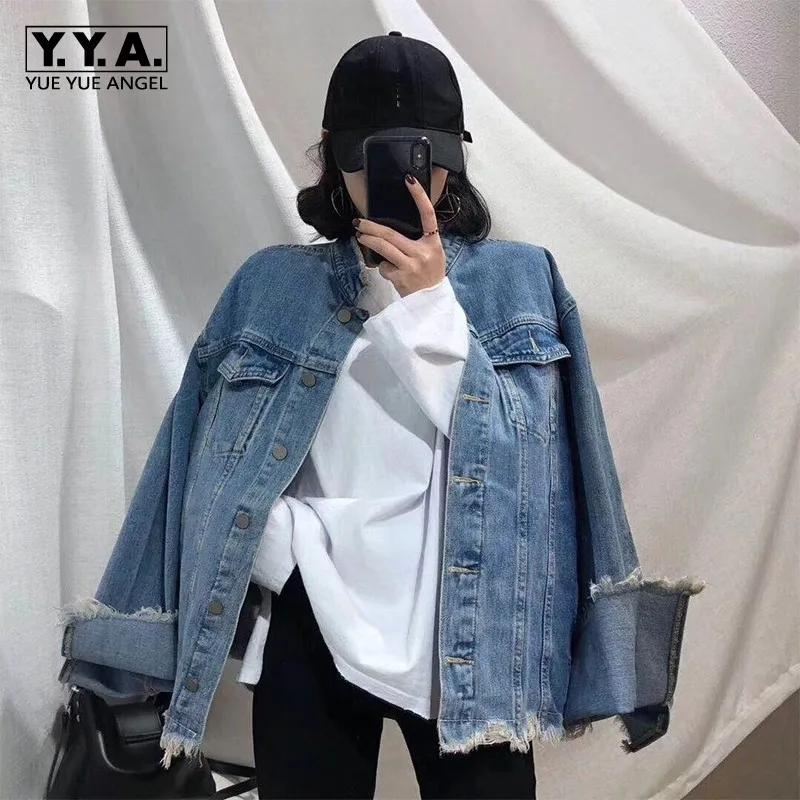 

Harajuka Spring Korean Flare Sleeve Womens Denim Jackets Asymmetrical Hole Ripped Loose Vintage Plus Size Female Outerwear Coats