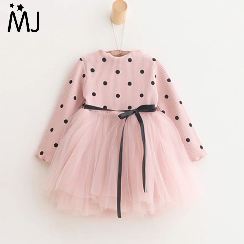 2017 New Spring Girls Dots Dress Cotton Princess Tutu Dresses Long sleeved Ribbon Children s Clothing