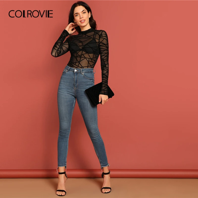 COLROVIE Black Sheer Sheer Mesh Geo Slim Fitted Sexy T-Shirt Women Spring Korean Long Sleeve Shirts Tee Club Ladies Tops