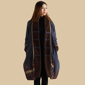 

Women Warm Long Jacket Retro Patchwork Winter Coat Cotton Linen Padded Clothes Jaqueta Feminina Parkas Outwear Casaco Feminino