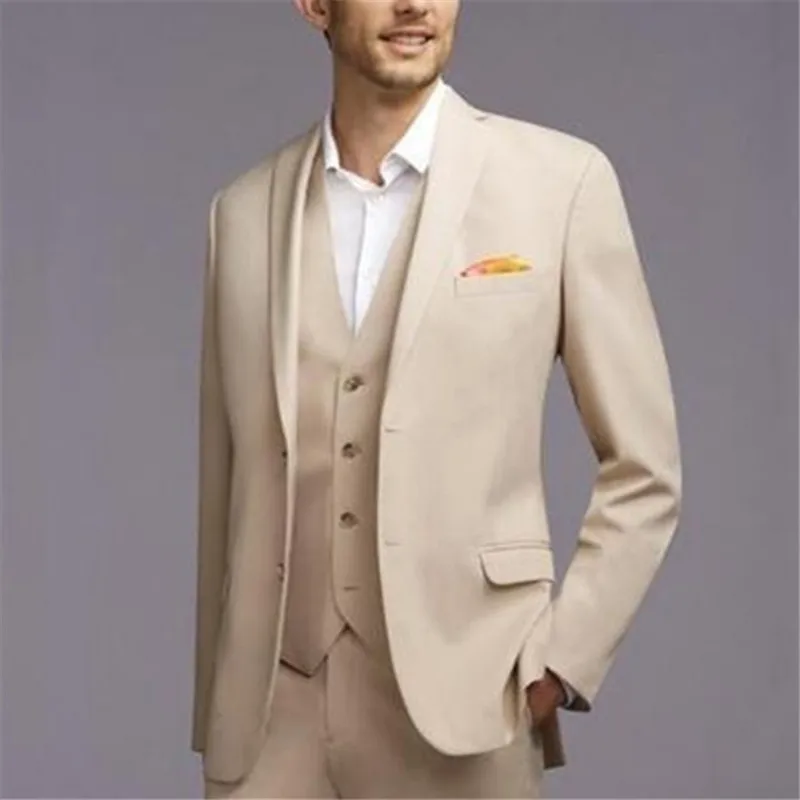 

New Casual British Style Cream Men Suits 3Pieces(Jacket+Pants+Vest+Tie) Fashion Slim Fit Tuxedos Groom Wedding Blazer 420