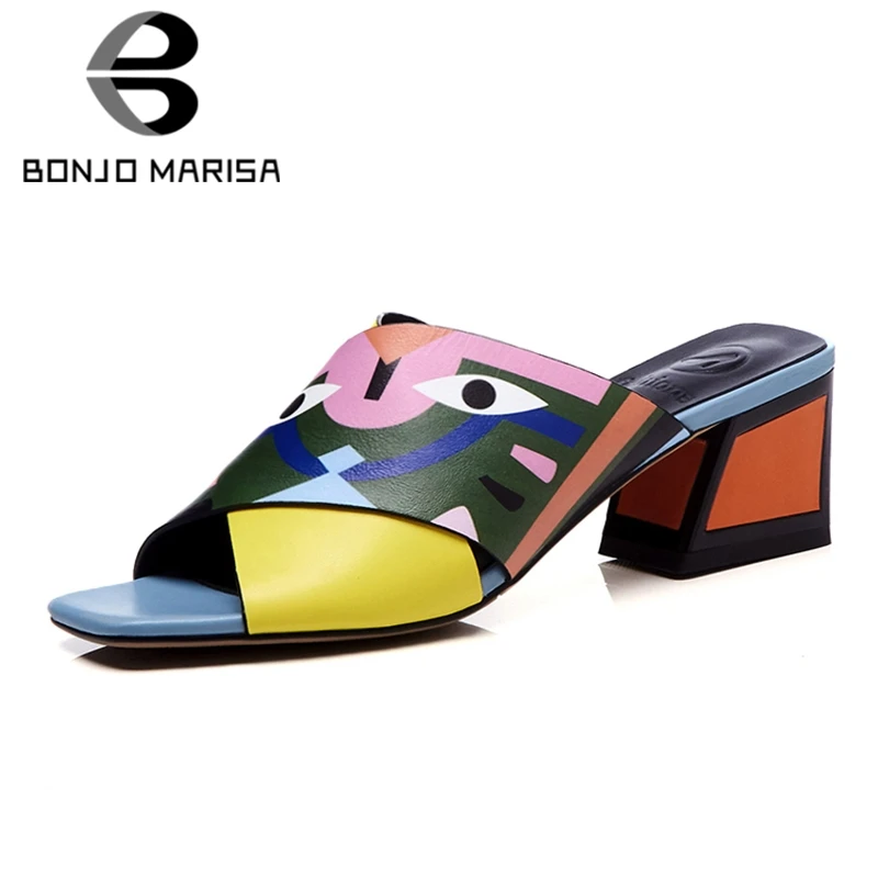 

BONJOMARISA 2020 New Brand INS Hot Mules Lady Summer Large Size 34-43 Whole Genuine Leather Slippers Women Shoes Woman High Heel